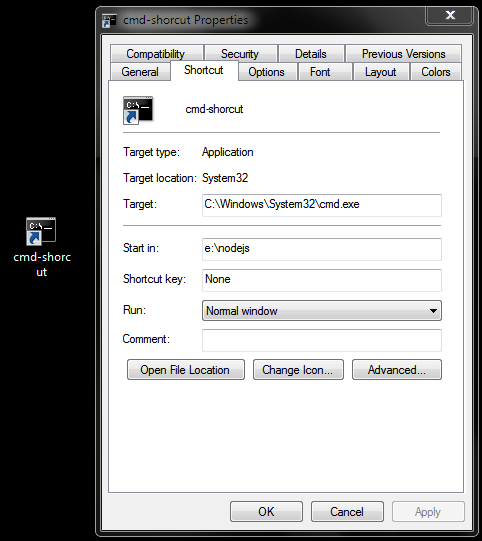 cmd shortcut for Node.js folder